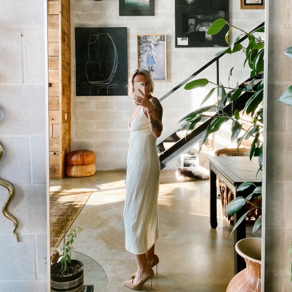 PALE YELLOW/ CREAM LINEN WRAP DRESS (small) - Picture 3 of 4